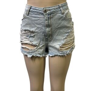 Gogo Jeans High Rise Light Wash Distressed Ripped Blue Jean Shorts 33 Juniors 17
